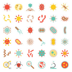 Bacteria and virus, cute microorganism icon such as e. Coli, HIV, influenza, flat design icon - obrazy, fototapety, plakaty