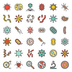 Bacteria and virus, cute microorganism icon such as e. Coli, HIV, influenza, filled outline icon