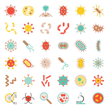 Bacteria and virus, cute microorganism icon such as e. Coli, HIV, influenza, flat design icon