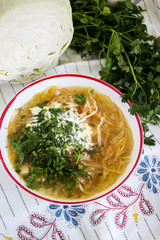 Ukrainian traditional soup with cabbage and meat (kapusnyak)