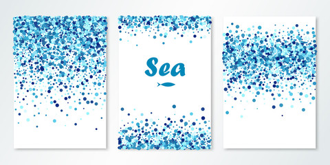 Banners set with navy blue confetti on white. Vector flyer design templates. Sea design. Confetti circles. All layered and isolated