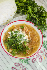 Ukrainian traditional soup with cabbage and meat (kapusnyak)