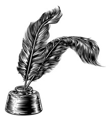 Quill Feather Pens and Inkwell