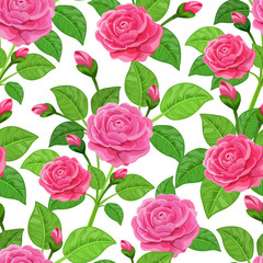 Vector seamless  pattern with  leaves and camellia flowers on light background.  Floral illustration for textile, print, wallpapers, wrapping.