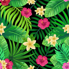 Vector seamless tropical pattern with palm leaves and flowers on dark background. Colourful floral illustration for textile, print, wallpapers, wrapping.