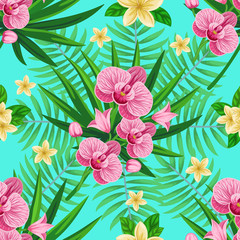 Vector seamless tropical pattern with palm leaves and flowers on light blue background. Colourful floral illustration for textile, print, wallpapers, wrapping.