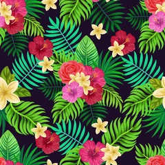 Poster Im Rahmen Vector seamless tropical pattern with palm leaves and flowers on dark background. Colourful floral illustration for textile, print, wallpapers, wrapping. © Irina