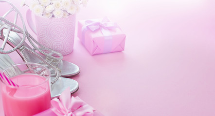Banner Gift box with satin ribbon bow for women Flowers Buy Shoes a Glass of Cocktail.