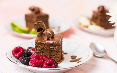 Homemade Chocolate Cake with raspberry fruits