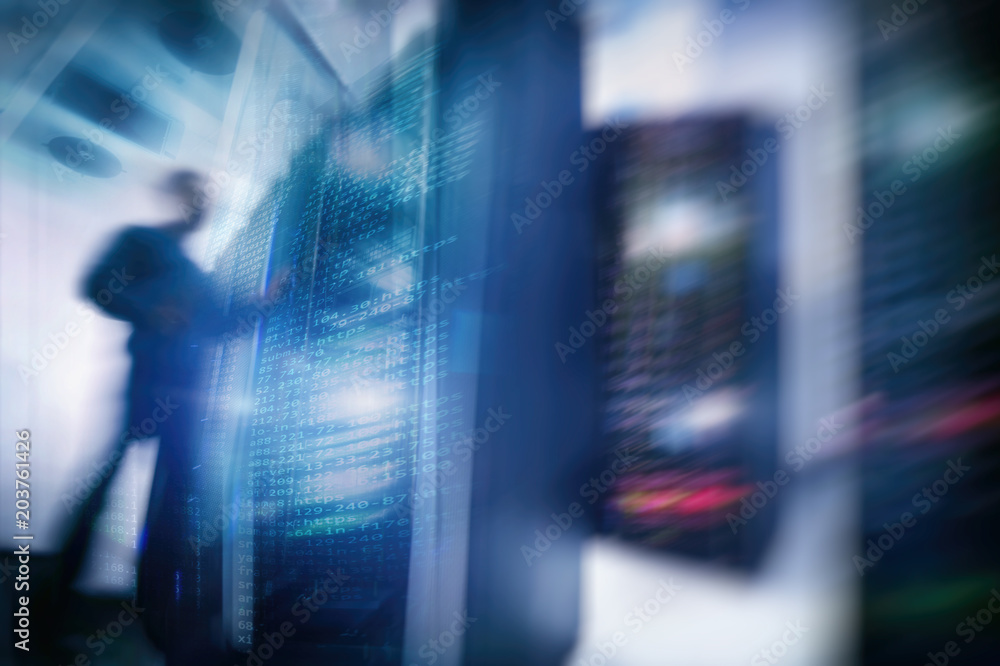 Poster shot of in large data center full of moving and working people. pronounced motion blur. computer eng