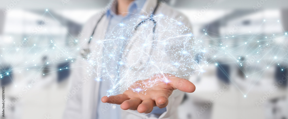 Poster doctor holding digital brain interface 3d rendering