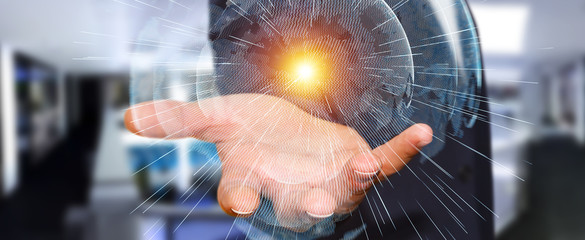 Flying earth network interface activated by businessman 3D rendering