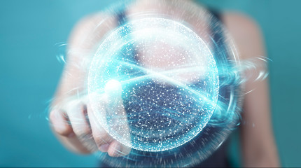 Businesswoman using digital network connection sphere 3D rendering