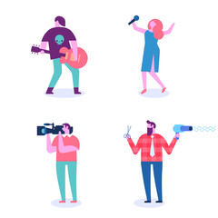 Creative ocupations. Singer, musician, cameraman, hairdresser. Flat vector illustration isolated on white.