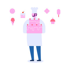 People occupations. Cook with cake. Flat vector illustration isolated on white.