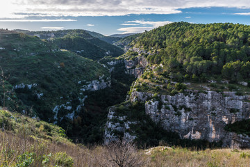 Fototapeta na wymiar Panoramic view of the Anapo valley and the Pantalica plateau near Siracusa, in Sicily