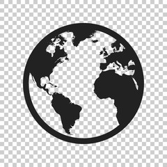 Globe world map vector icon. Round earth flat vector illustration. Planet business concept pictogram on isolated transparent background.