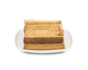 Indian Bakery Food Tea Time Sweet Dry Toast Snack Also Know As Indian Toast Snack, Toasted, Bread, Long Toast, Mawa Toast isolated on White Background