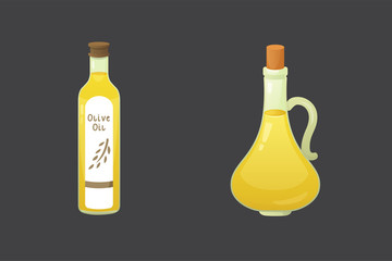Olive oil bottles vector illustration in cartoon style.