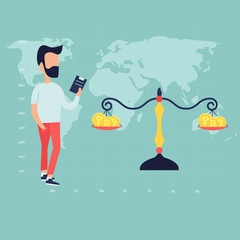 Banner with trading advisor and scale with bitcoin