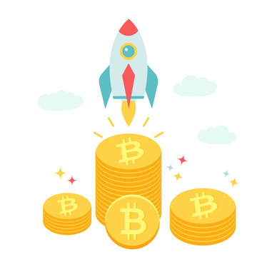 Rocket flying above piles of bitcoins.