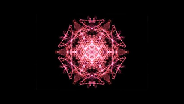 Red and orange fractal mandala rotating and zooming, video animation on black background. Animated symmetric patterns for spiritual and meditation training.