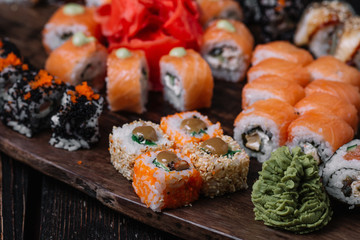 sushi large set on wood background