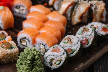 sushi large set on wood background