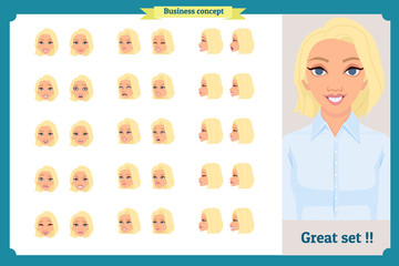 Set of woman's emotions design. Facial expression. Girl Avatar.Front, side, profile view animated character. Vector illustration of a cartoon style.Business girl character creation set
