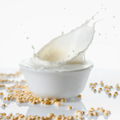 Milk in white bowl with drops on soybeans on white background