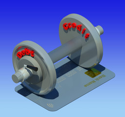 Fitness dumb-bell for shopping maniacs 3D illustration 4. Credit card, gradient blue background, three dimensional. Collection.