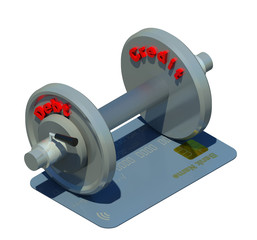 Fitness dumb-bell for shopping maniacs 3D illustration 3. Credit card, three dimensional, isolated on white. Collection.