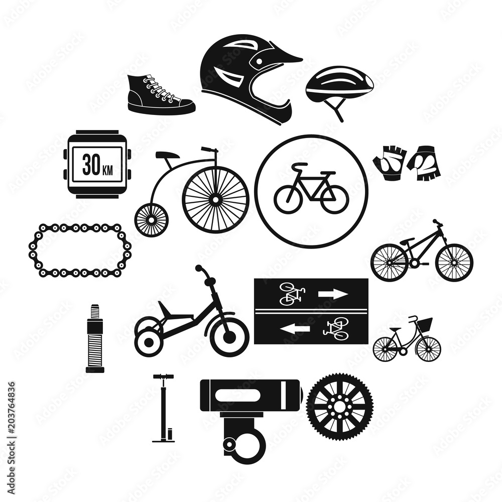 Poster biking icons set in simple style for any design
