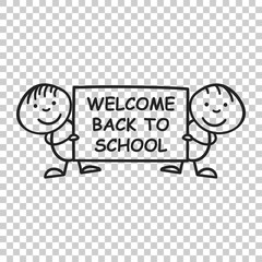Back to school placard in hands icon. Vector illustration on isolated transparent background. Business concept hand drawn welcome school pictogram.