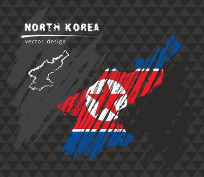 North Korea map with flag inside on the black background. Chalk sketch vector illustration