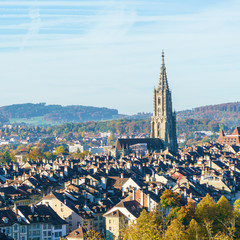 Fototapeta na wymiar Aerial view of city with Minster gothic cathedral, Bern, Switzerland