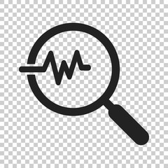 Magnifying glass icon with pulse. Vector illustration on isolated transparent background. Business concept loupe analysis pictogram.