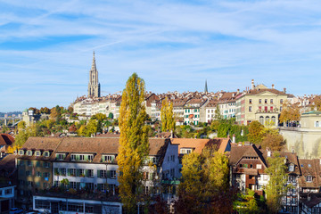 Aerial view of city with Minster gothic cathedral, Bern, Switzerland