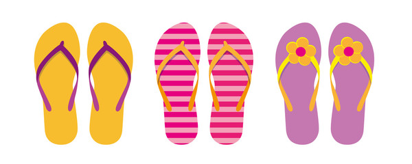 Set drei Paar bunte flipflops orange und lila töne