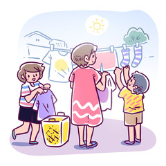 Vector illustration of girl and boy, helping their mother hanging and drying washed clothes together in the sunny day
