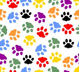 Naklejka na ściany i meble Beautiful background with colored prints of cat paws. Colorful cat footprints on white background.