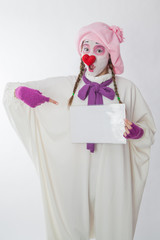 mime girl holding a sign for inscriptions. Human emotions