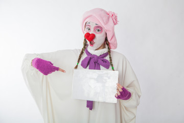 mime girl holding a sign for inscriptions. Human emotions