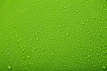 Small and large drops of water on a colored background. Abstract liquid sprays