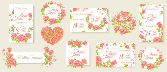 Rose flowers white invitation set vector. Wedding decor, card, banner, Heart of roses. Frame of flowers wreath. Rose petals.