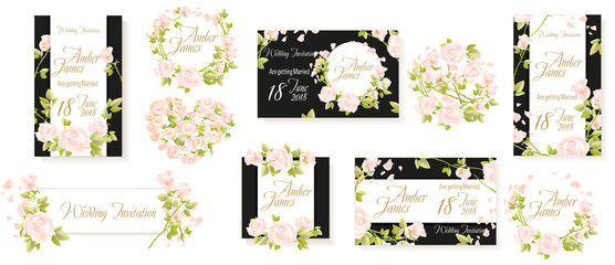 White Rose flowers invitation set vector. Gothic black wedding decor, card, banner, Heart of roses. Frame of flowers wreath. Rose petals.