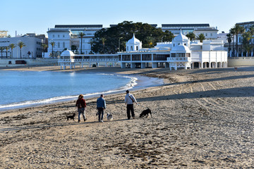People walk their dogs with the first light of the morning on the Caleta beach in Cadiz, Spain © akturer