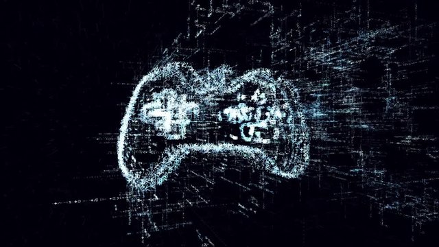 Intro animation sign joystick. Abstract game consisting of program code in electronic space