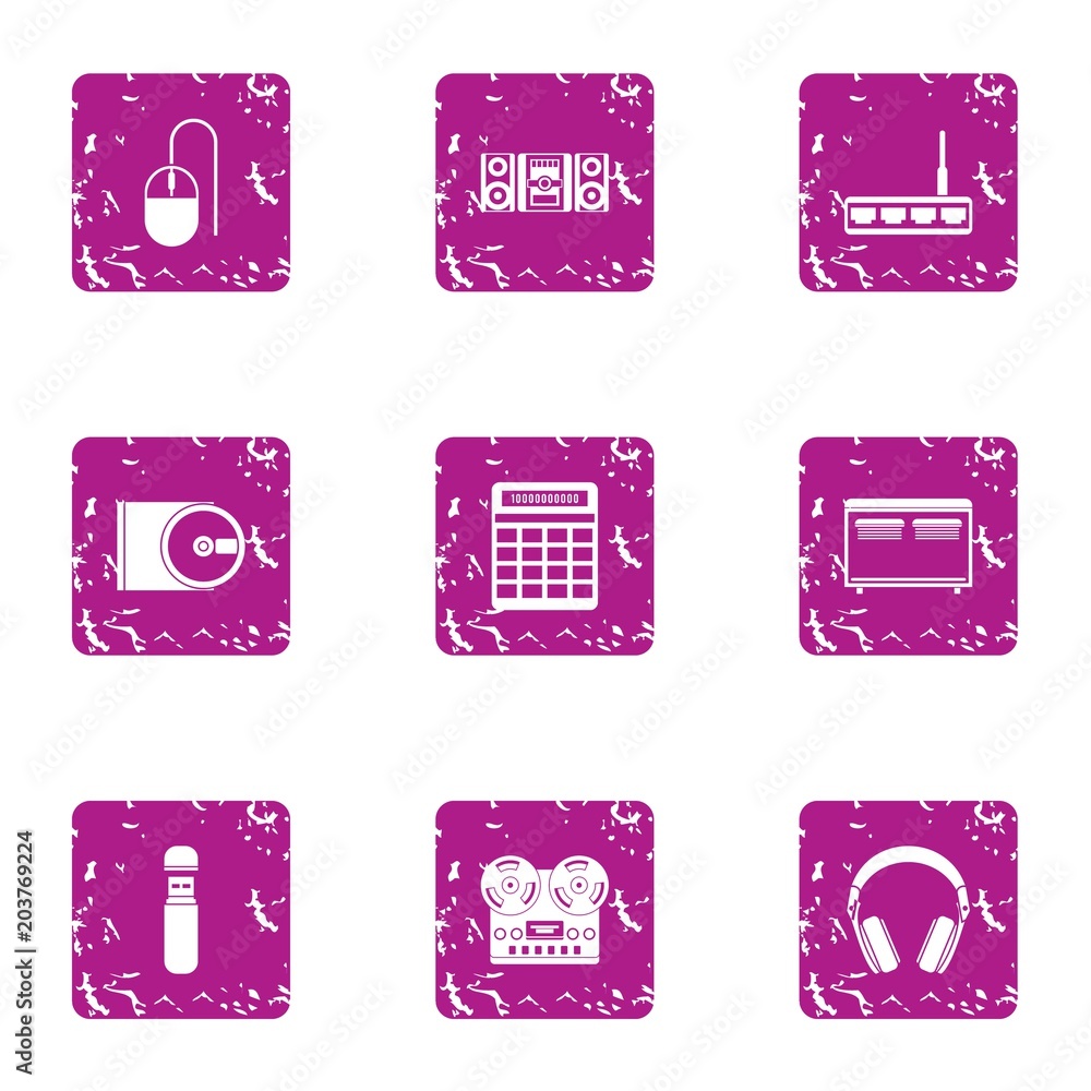 Poster processing icons set. grunge set of 9 processing vector icons for web isolated on white background