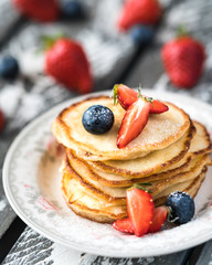 pancakes, berries, pile, icing sugar, sweet